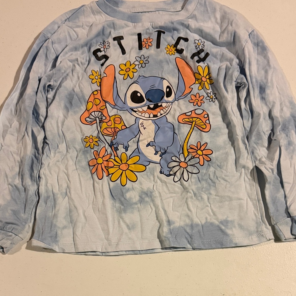 Disney Light Blue Stitch Long-Sleeve Tee with Floral & Mushroom Graphic